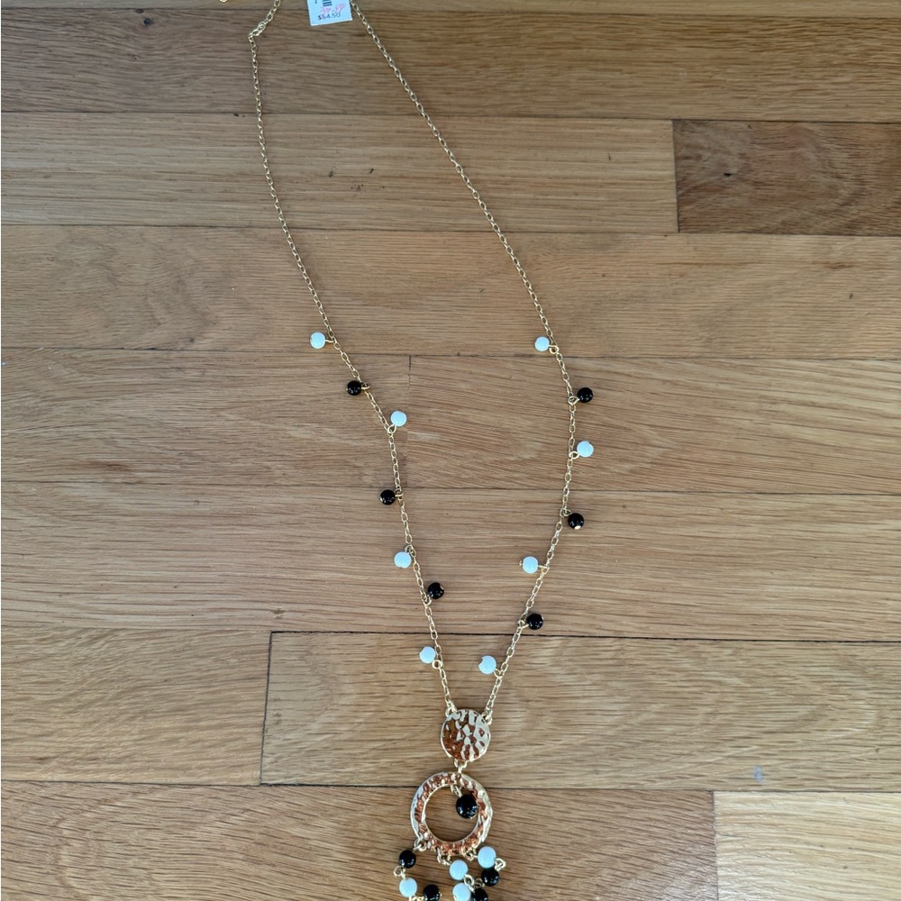 NWT Talbots Hammered Gold-Tone Statement Necklace, Black & White Beaded - Picture 1 of 4